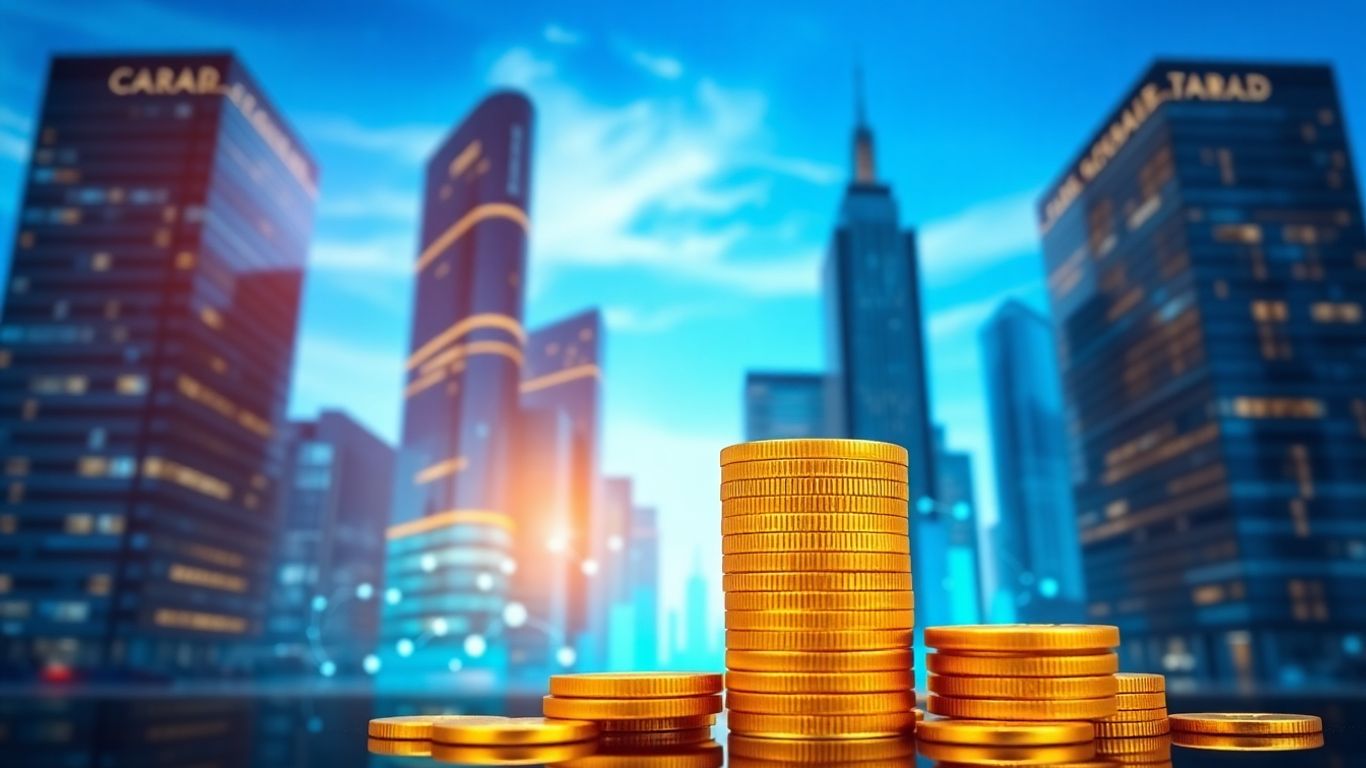 Coins and blockchain network with modern city backdrop