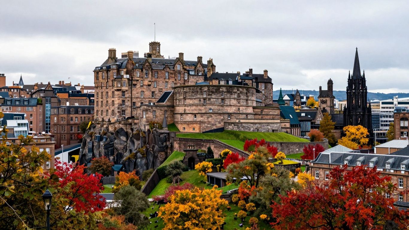 Edinburgh Castle and city skyline in autumn.