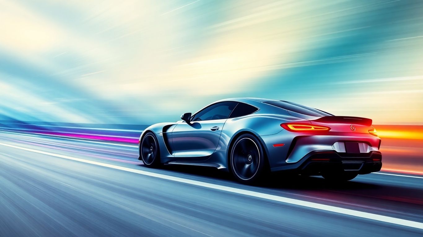 Race car speeding past finish line, conveying website speed.