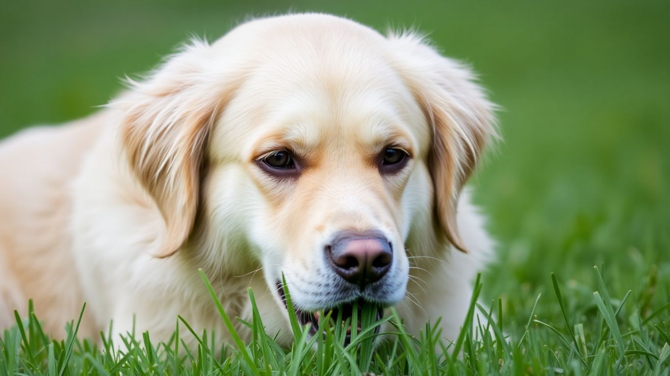 Cão comendo relva num campo verde.