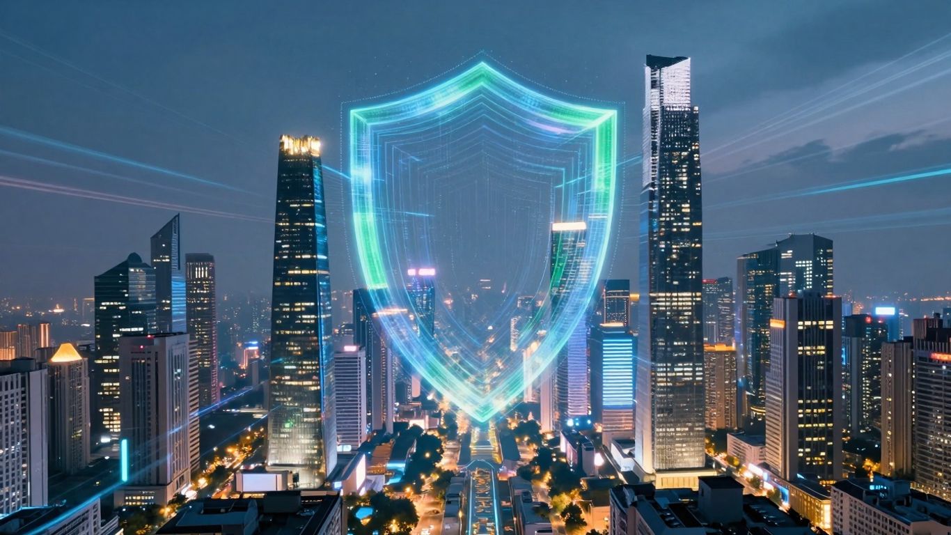 Futuristic city with digital streams and a glowing shield.