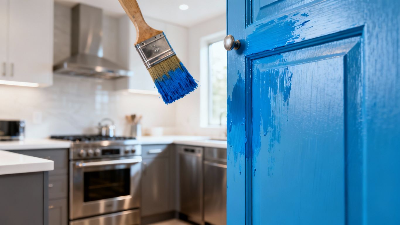 Kitchen cabinets being painted blue.