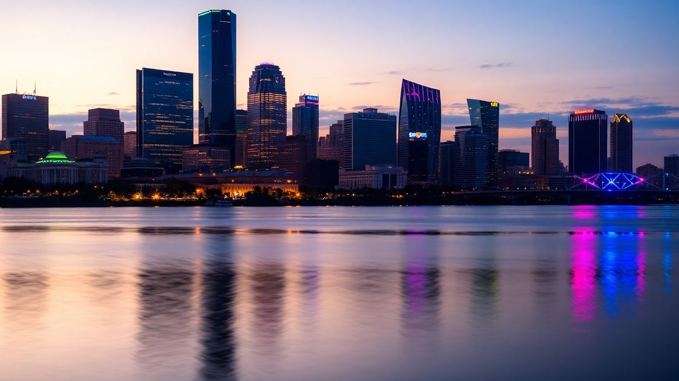 Dallas skyline at dusk with city lights reflecting.