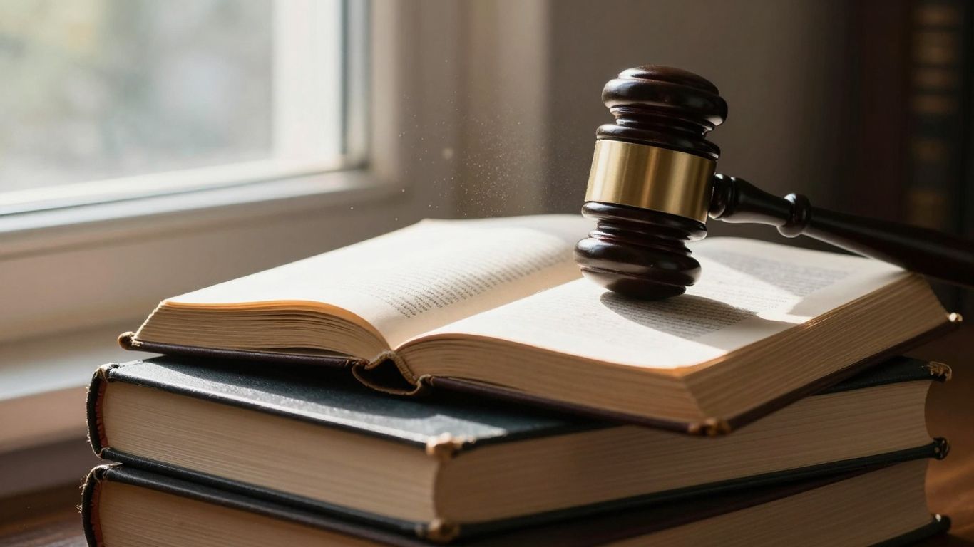 Gavel on books, sunlight through window, open ancient tome.