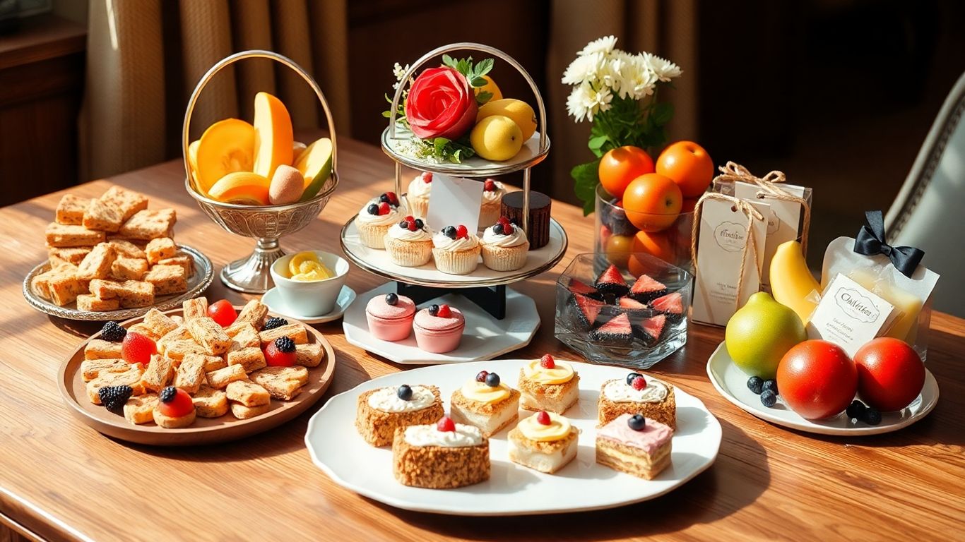 ชุดของว่างหลากหลายอย่างจัดในถาดสวยบนโต๊ะ