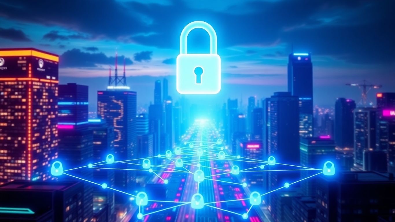 Blockchain and digital marketing futuristic cityscape