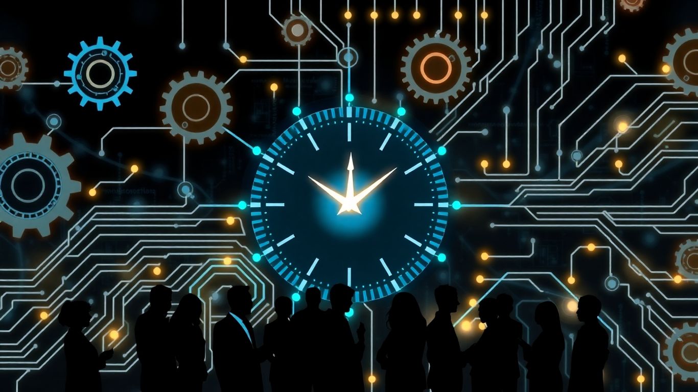 24/7 IT support infographic with gears and professionals.