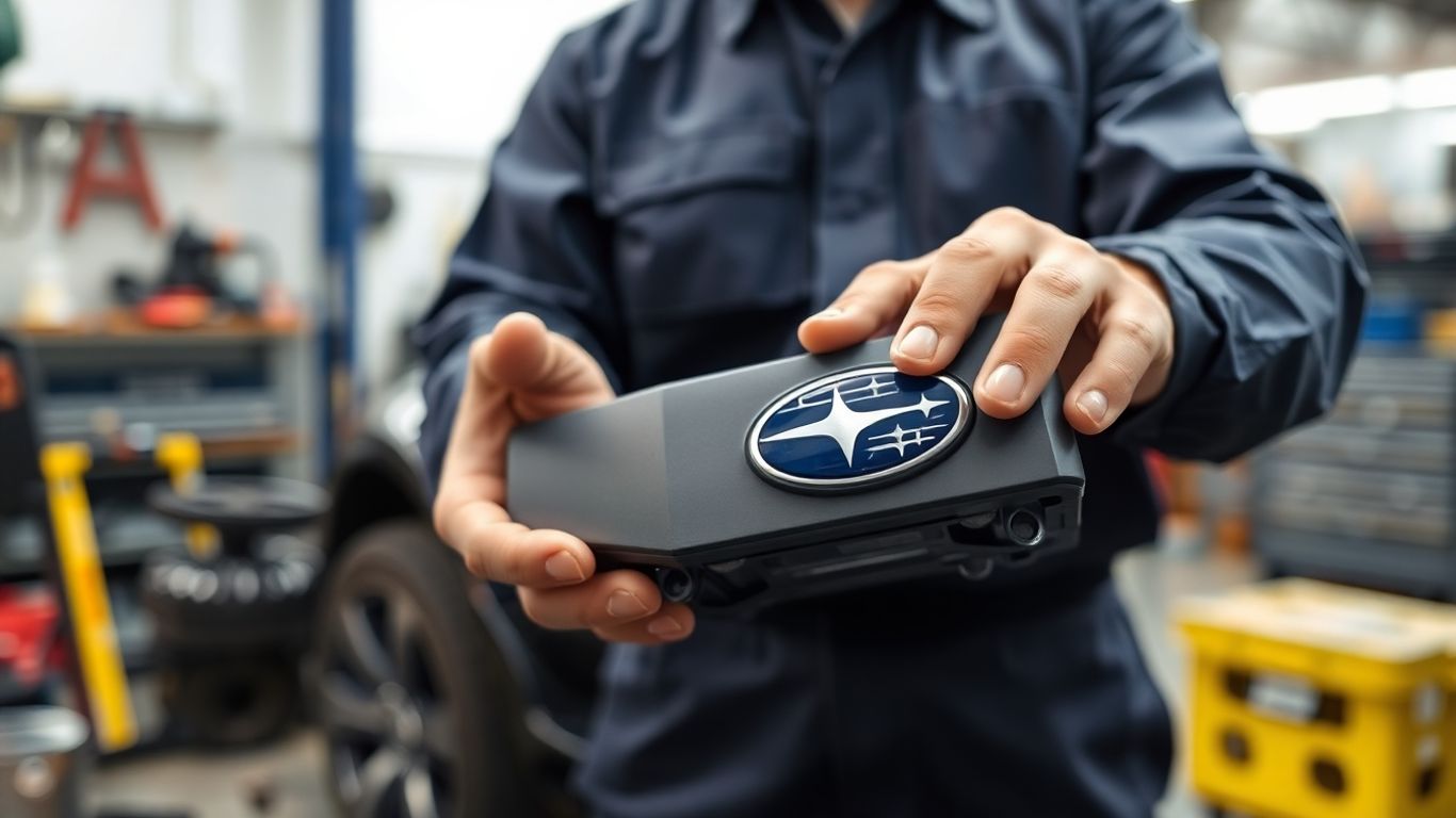 Mechanic holding a Subaru car part