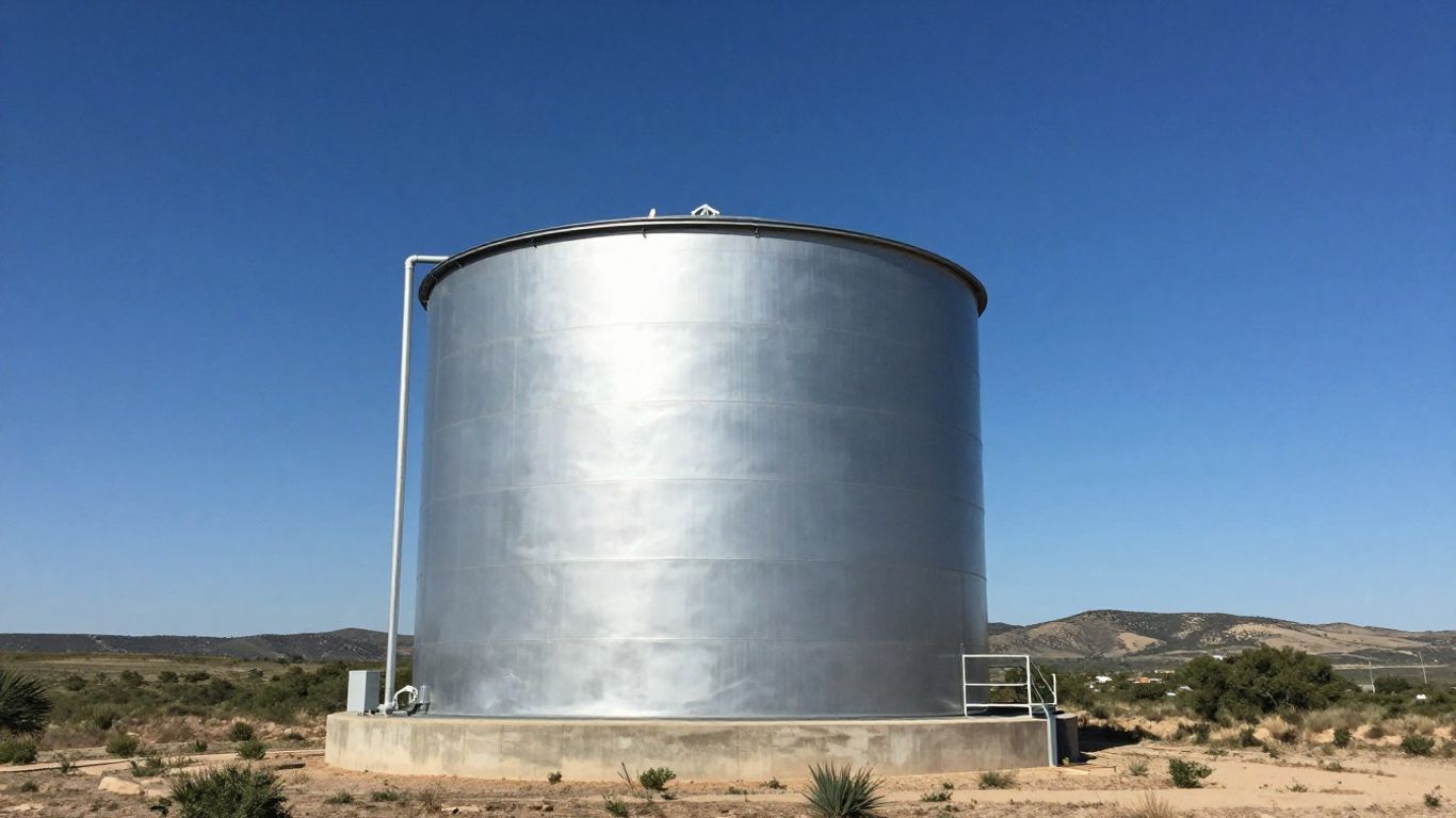 Modern water tank in Dripping Springs landscape.