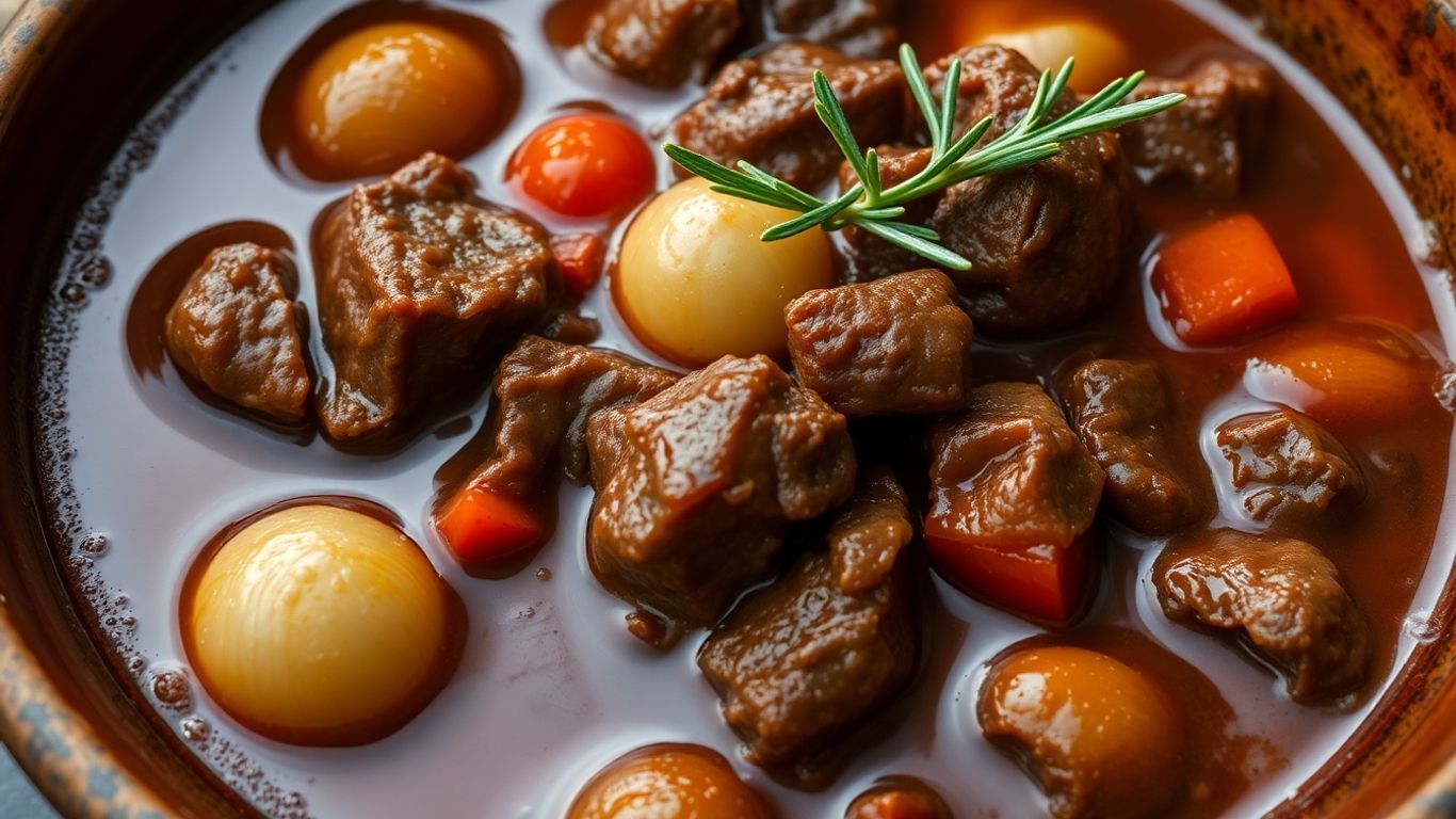 Hearty beef stifado stew in a rustic pot.