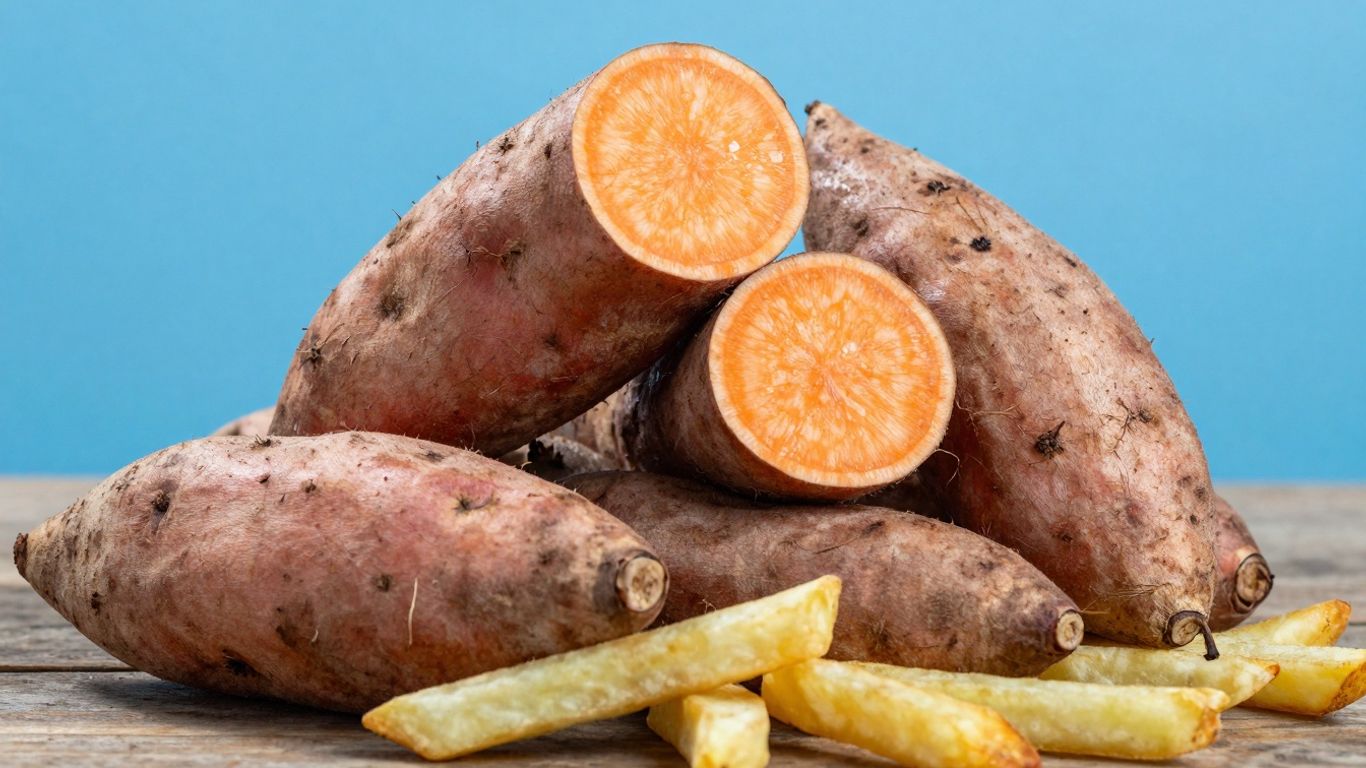 Biologische zoete aardappelen, heel en gesneden, op houten ondergrond.
