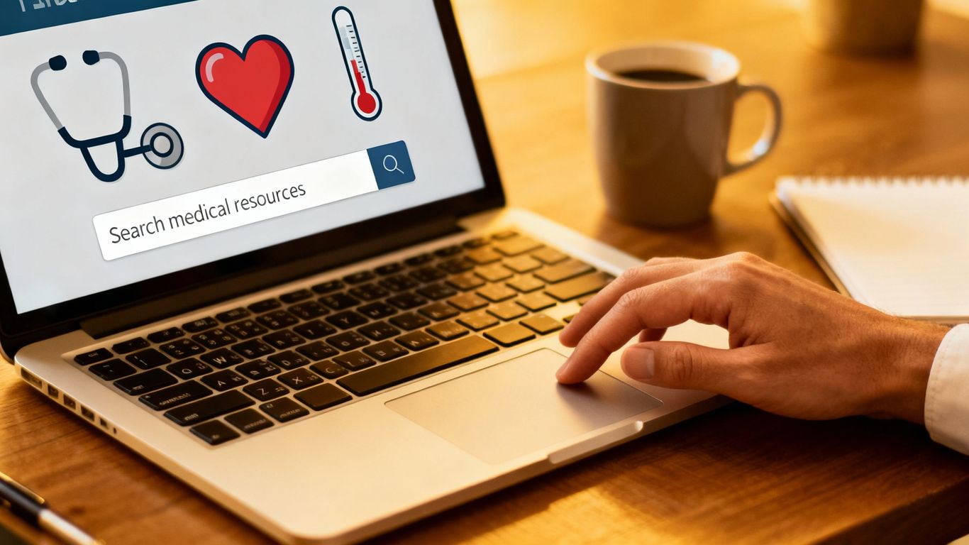 Online medical resources website on a laptop screen.