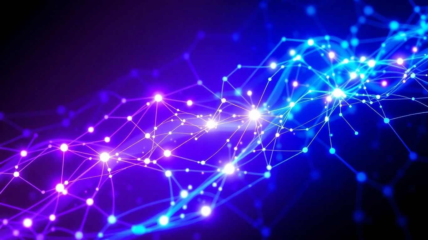 Abstract glowing neural network patterns and digital nodes.