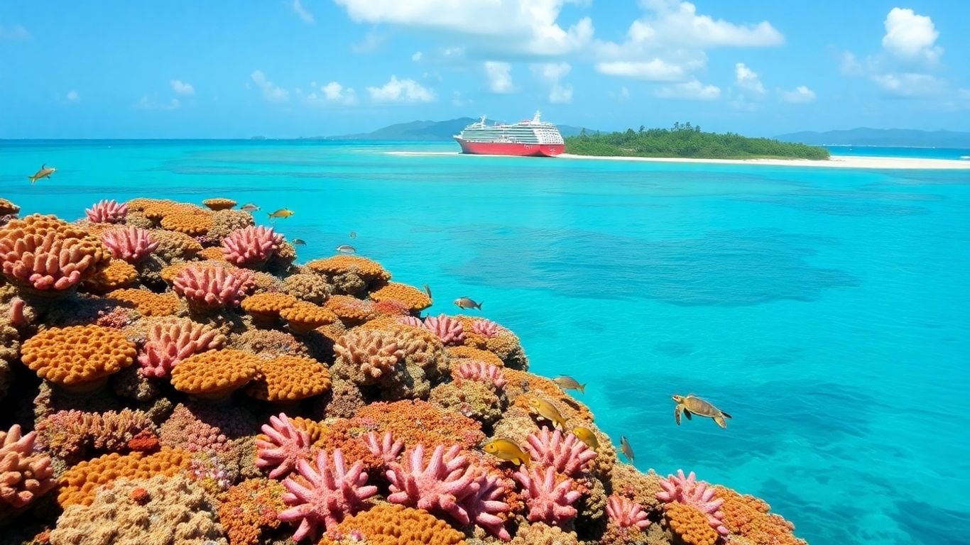 Raja Ampat coral reef and distant mining ship