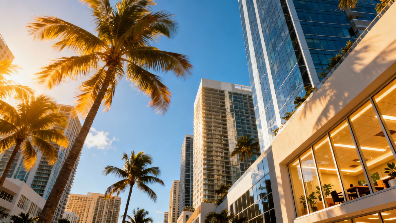 Miami commercial buildings with clear skies and palm trees.