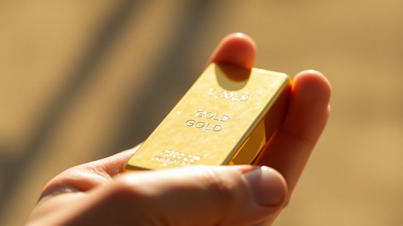 Golden hand holding a shiny gold bar.