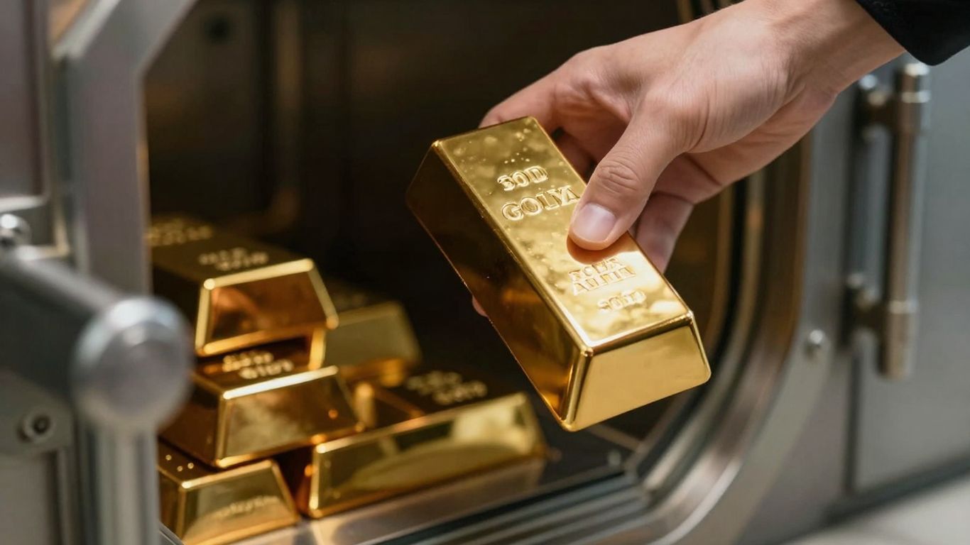 一隻金手將一根金條放入保險箱。