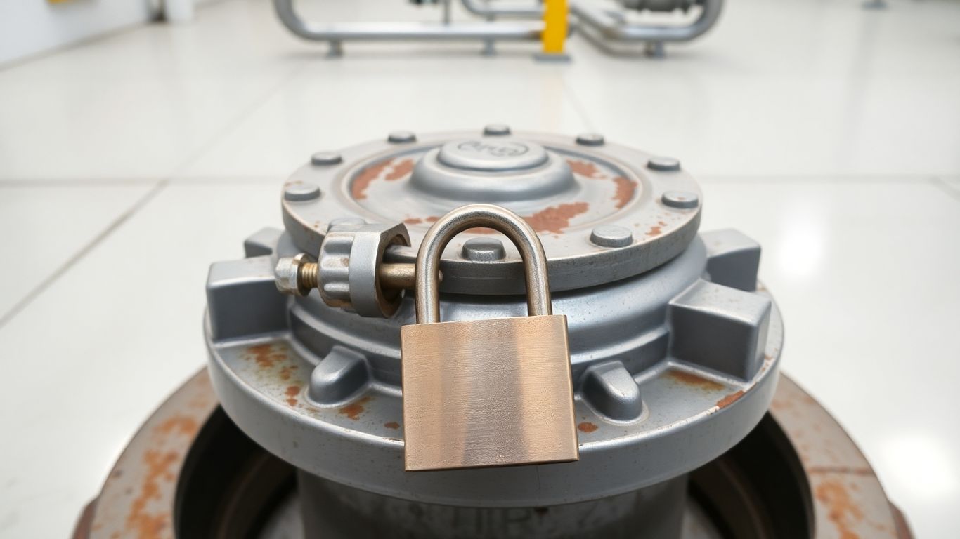 Locked wellhead cap with padlock, indicating security.