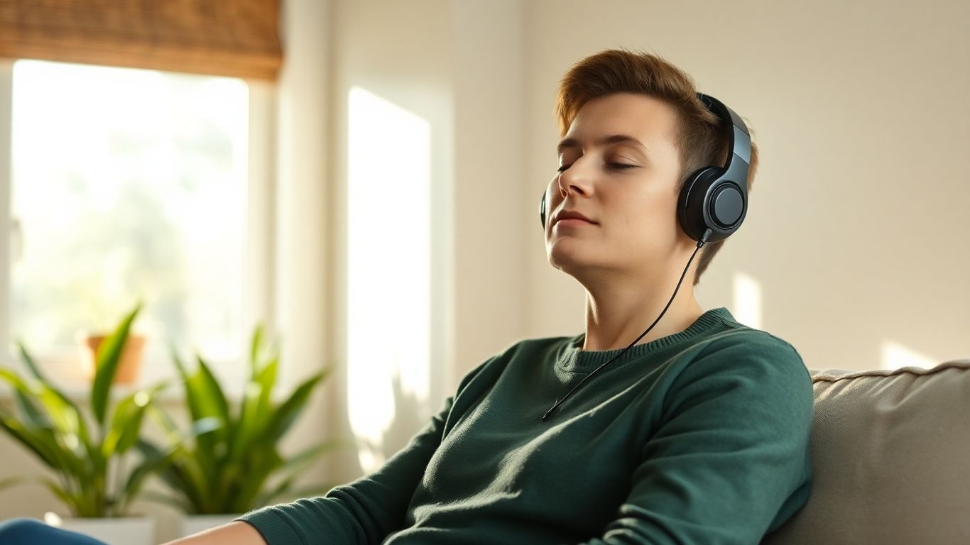 Person mindfully listening with headphones in a sunlit room.
