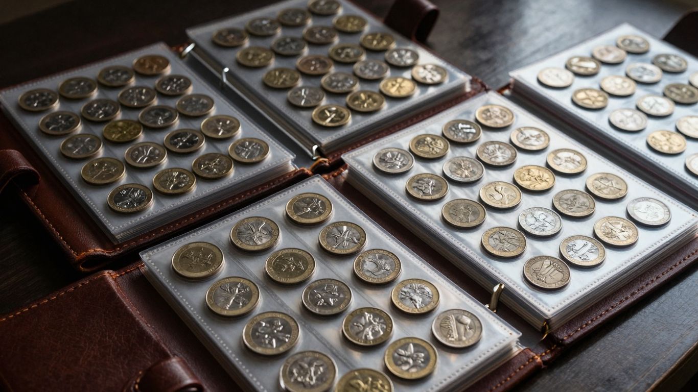 Coin albums with various coin collections.