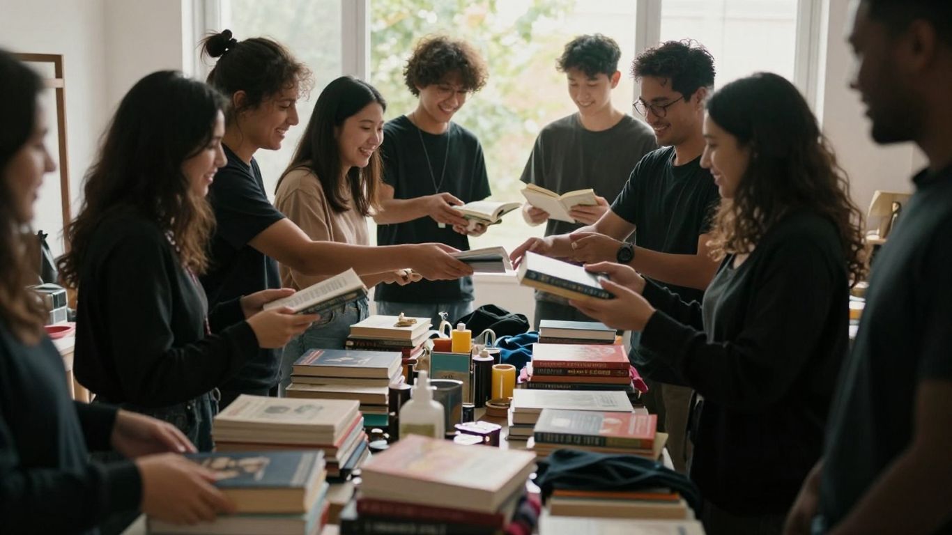 Menschen tauschen Gegenstände in einer hellen, freundlichen Umgebung.