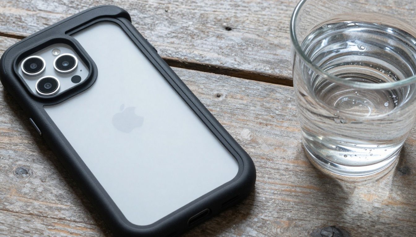 Close-up of a generic waterproof phone case with tight seals, resting on a wooden surface beside a glass of water