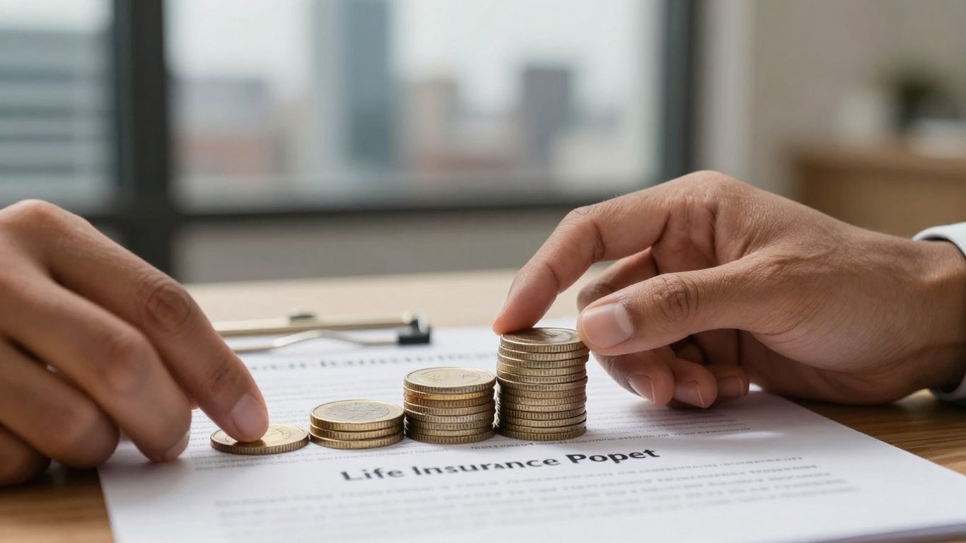 Life insurance policy and coins, financial planning concept.