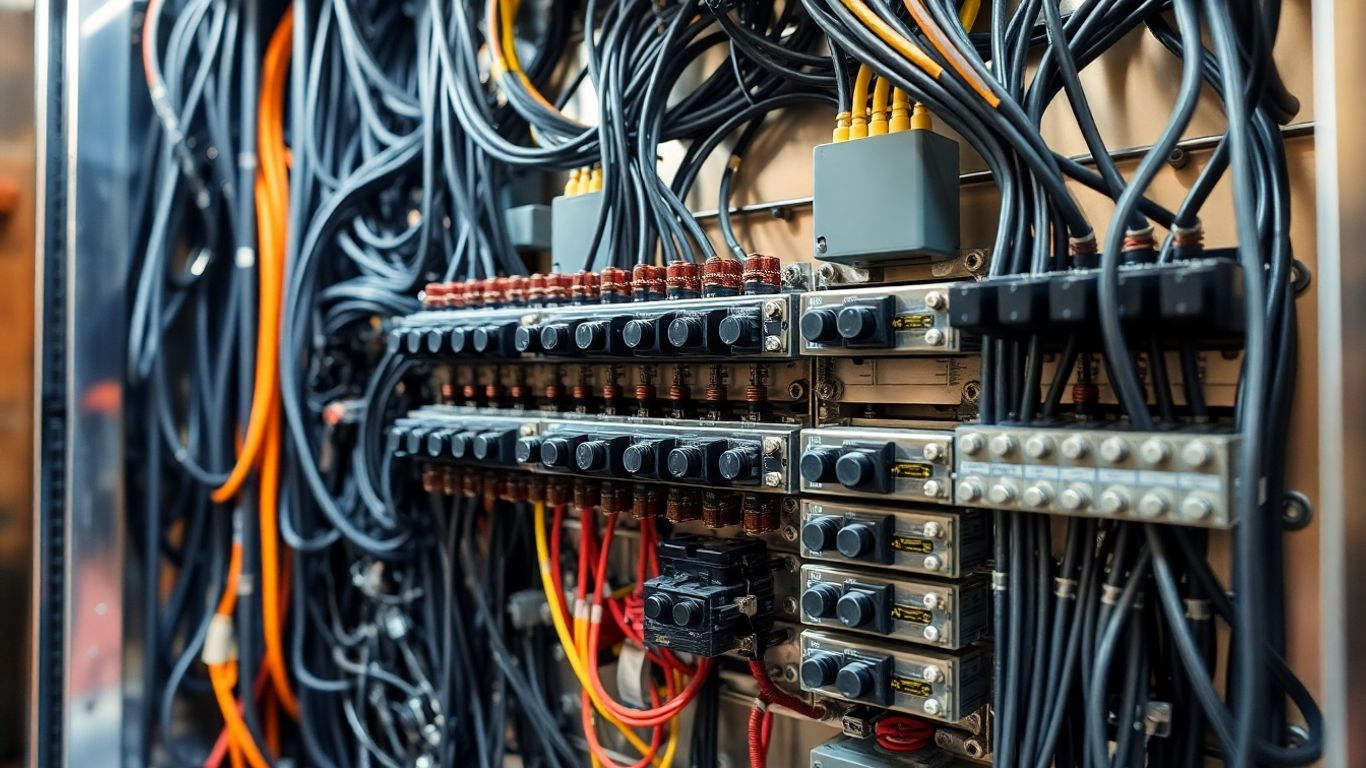Electrical panel with wires and circuit breakers
