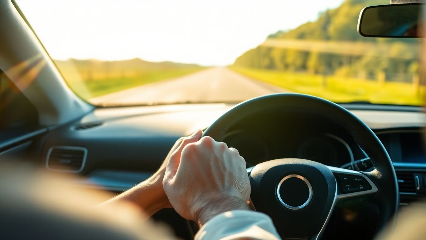 Driver's hands on steering wheel, road ahead, fuel efficiency