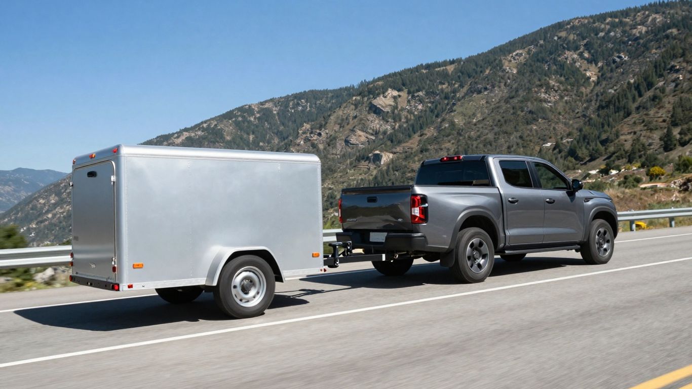 Electric truck towing a trailer on a scenic highway.