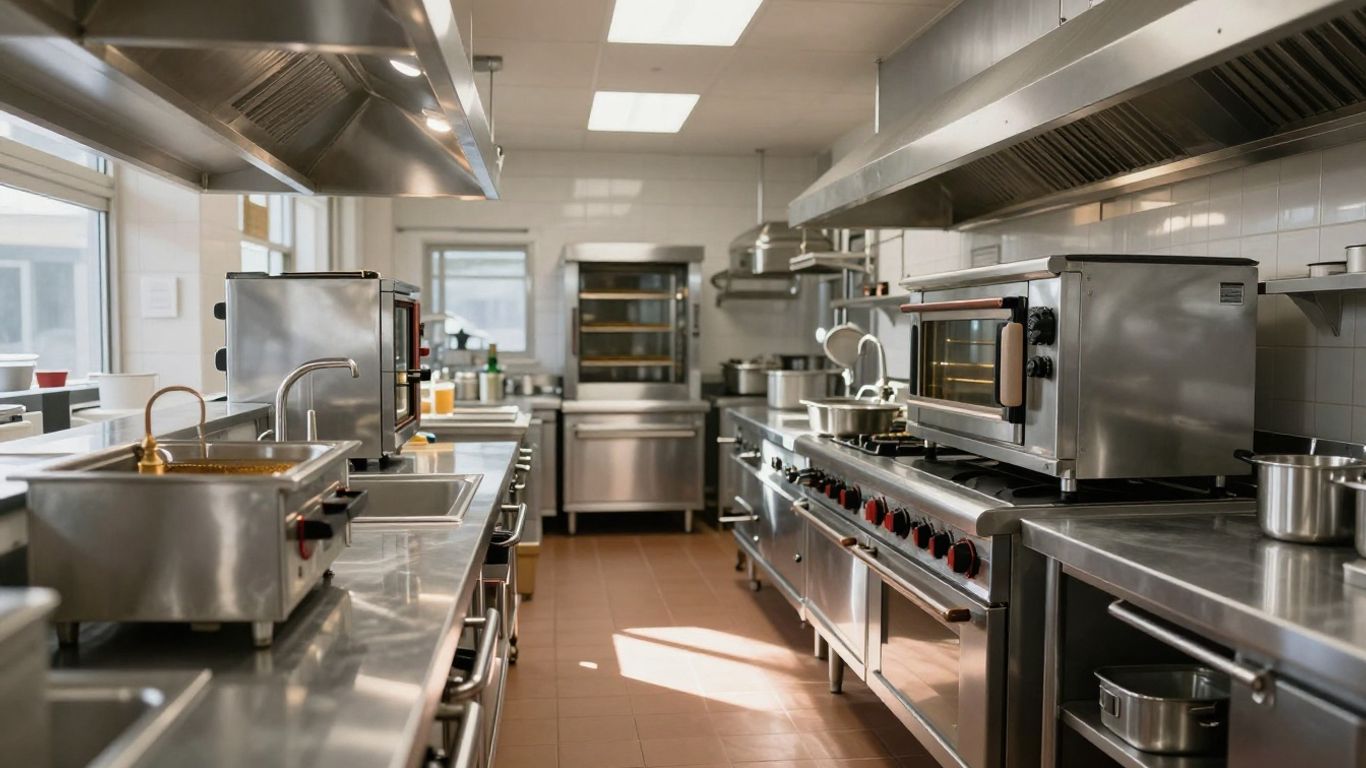 Used catering equipment in a commercial kitchen.