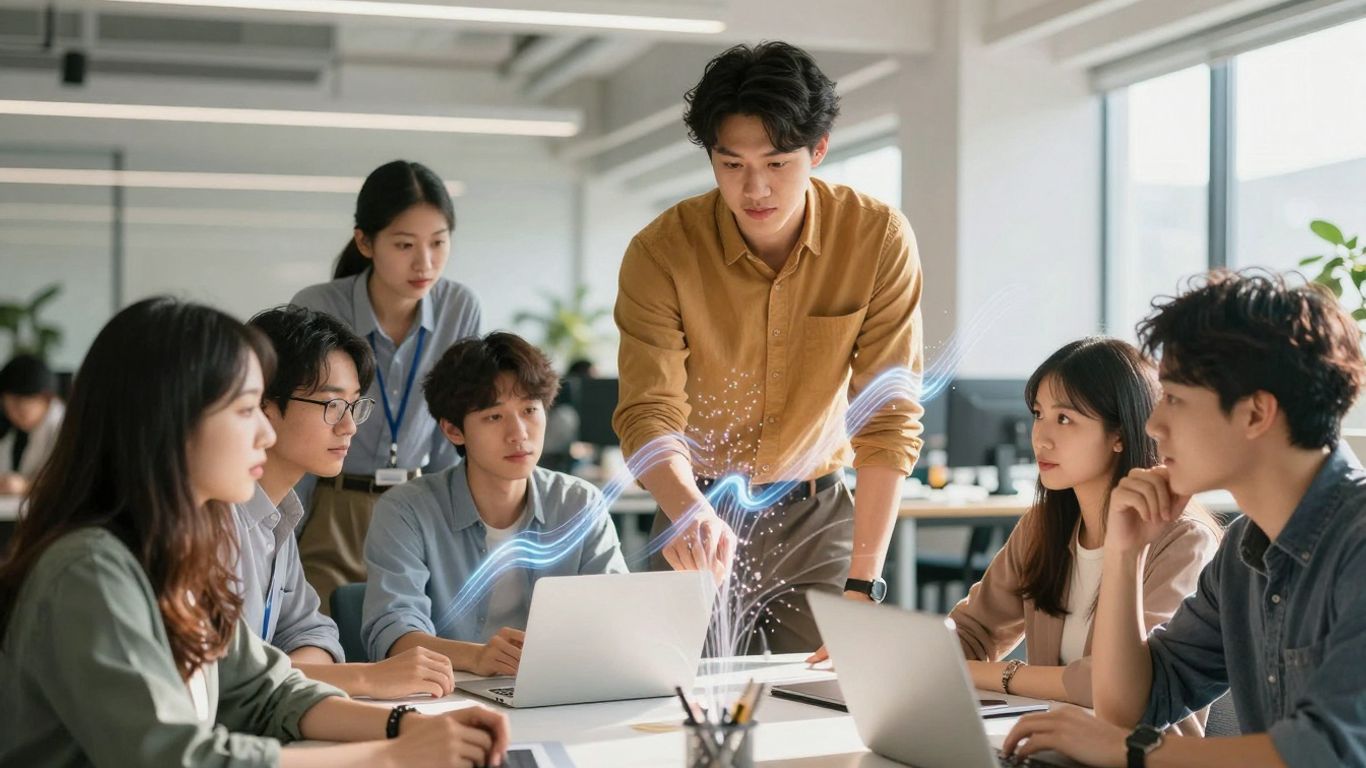 Entrepreneurs collaborating in a bright, modern startup office.