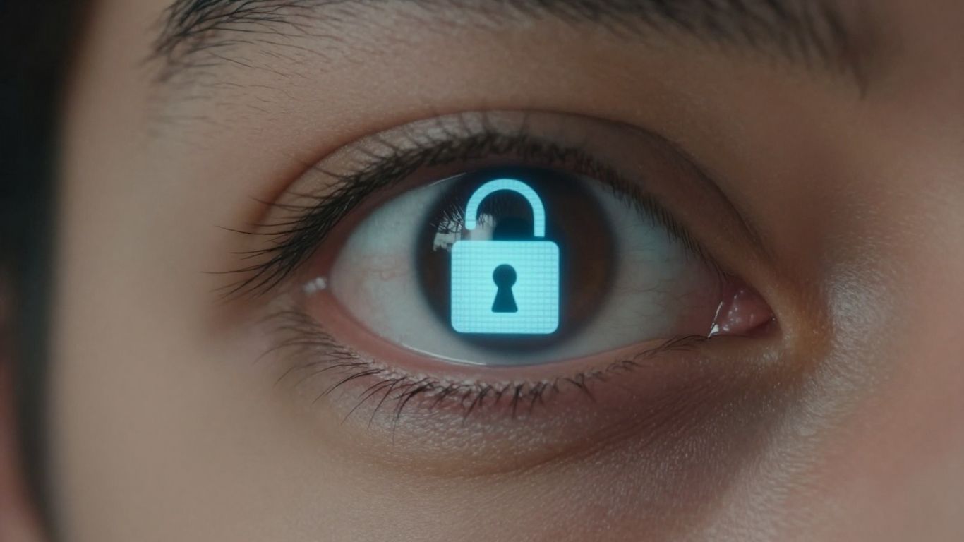 Eye reflecting a digital lock icon.