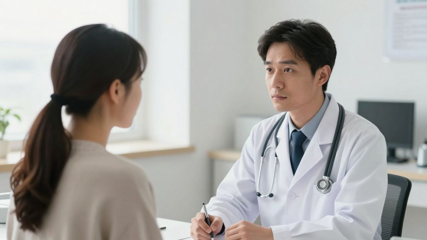 Medic ascultând atent pacientul în cabinetul medical.