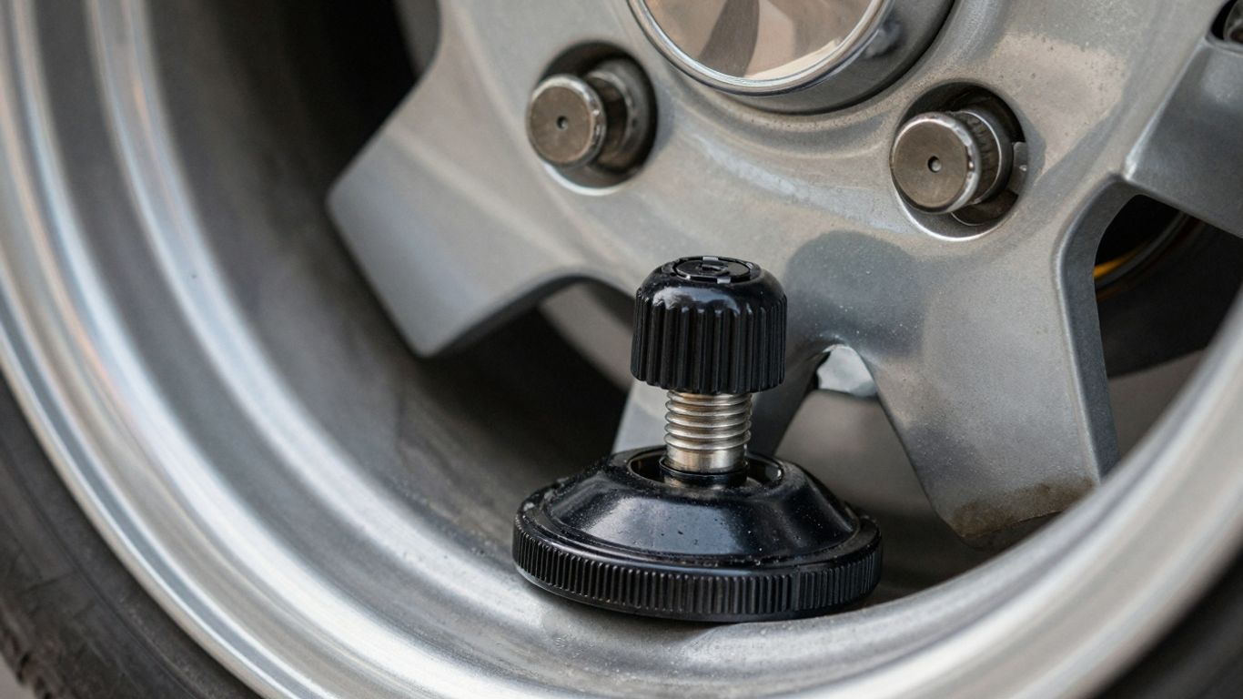Close-up of a car tire valve stem with a cap.