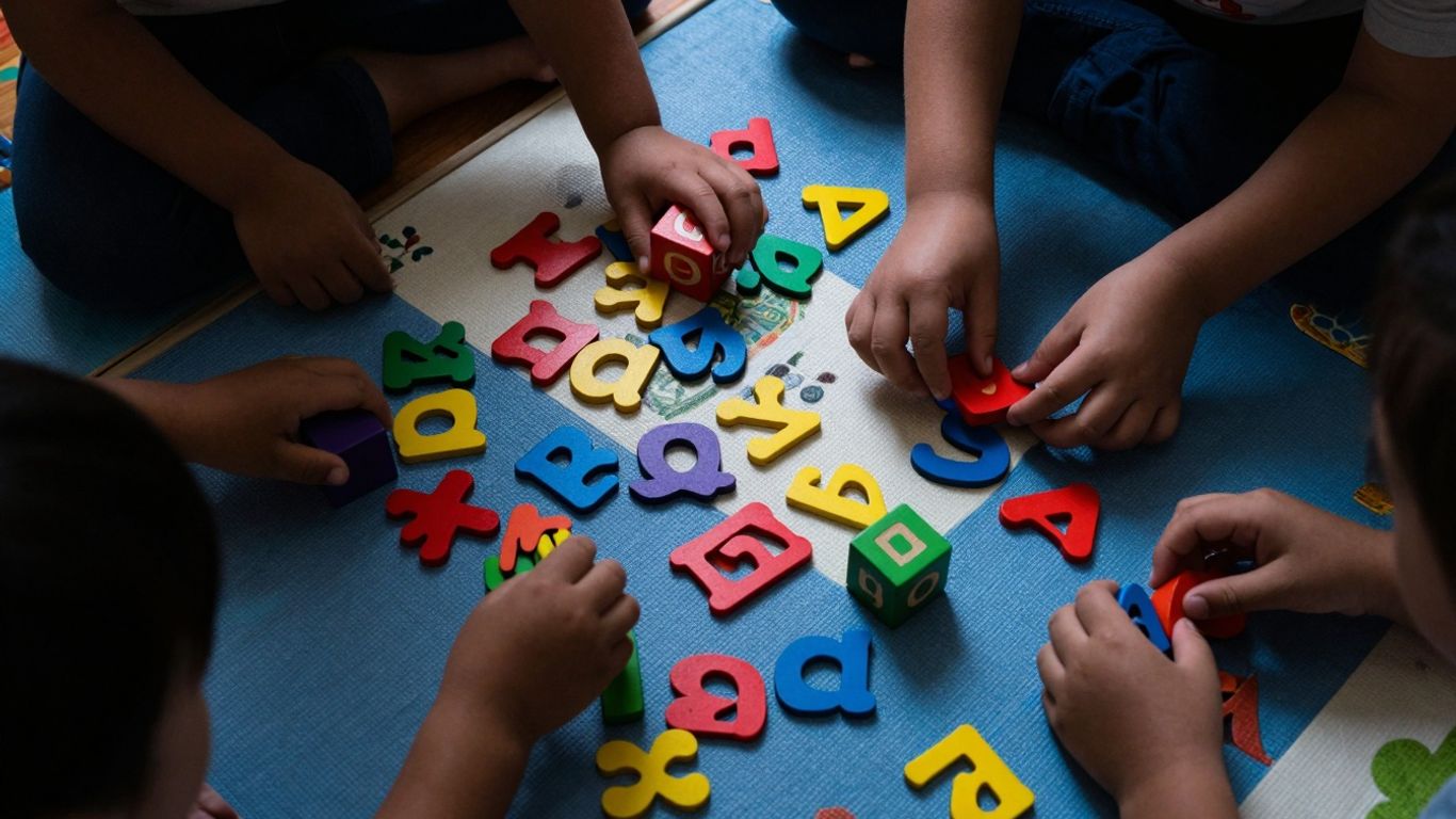 Children learning letters with blocks and cutouts.