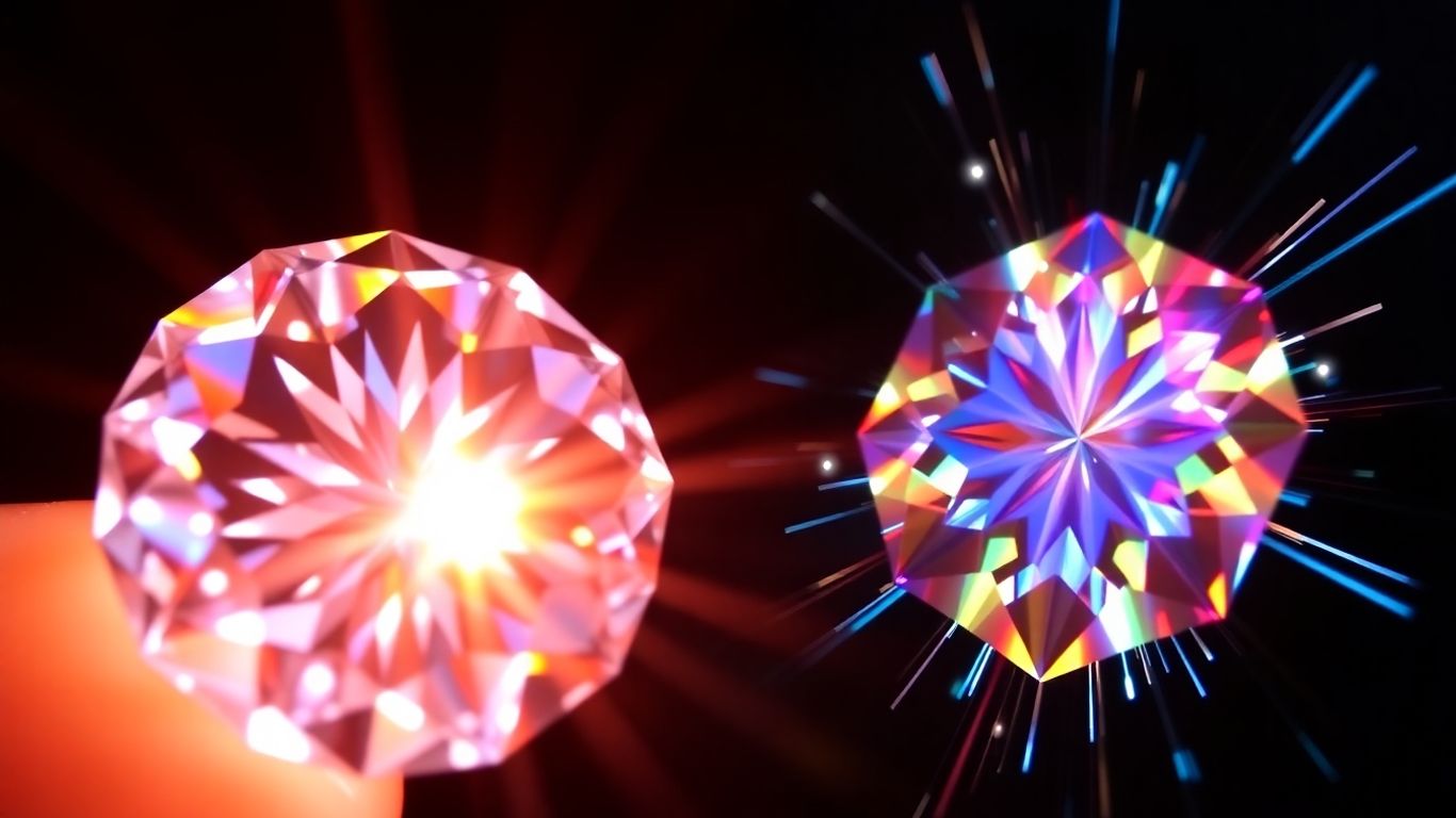 Diamond and moissanite gemstones sparkling side-by-side.