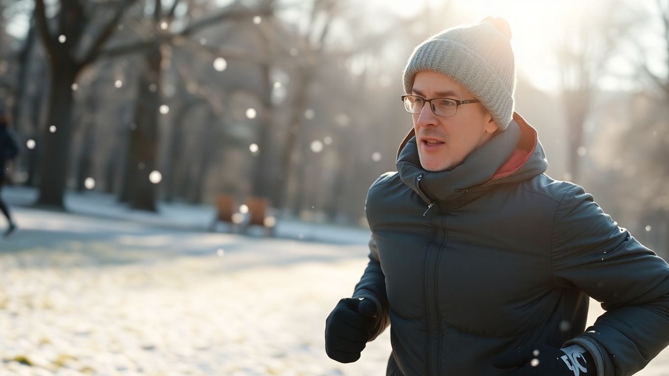 Runner in cold weather, focused and determined.