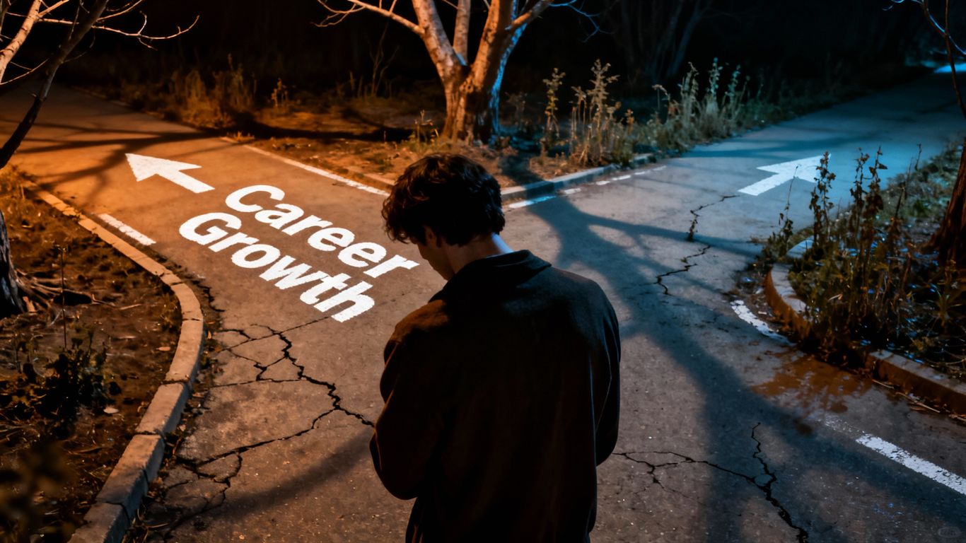 Person at a crossroads, career growth path unclear.