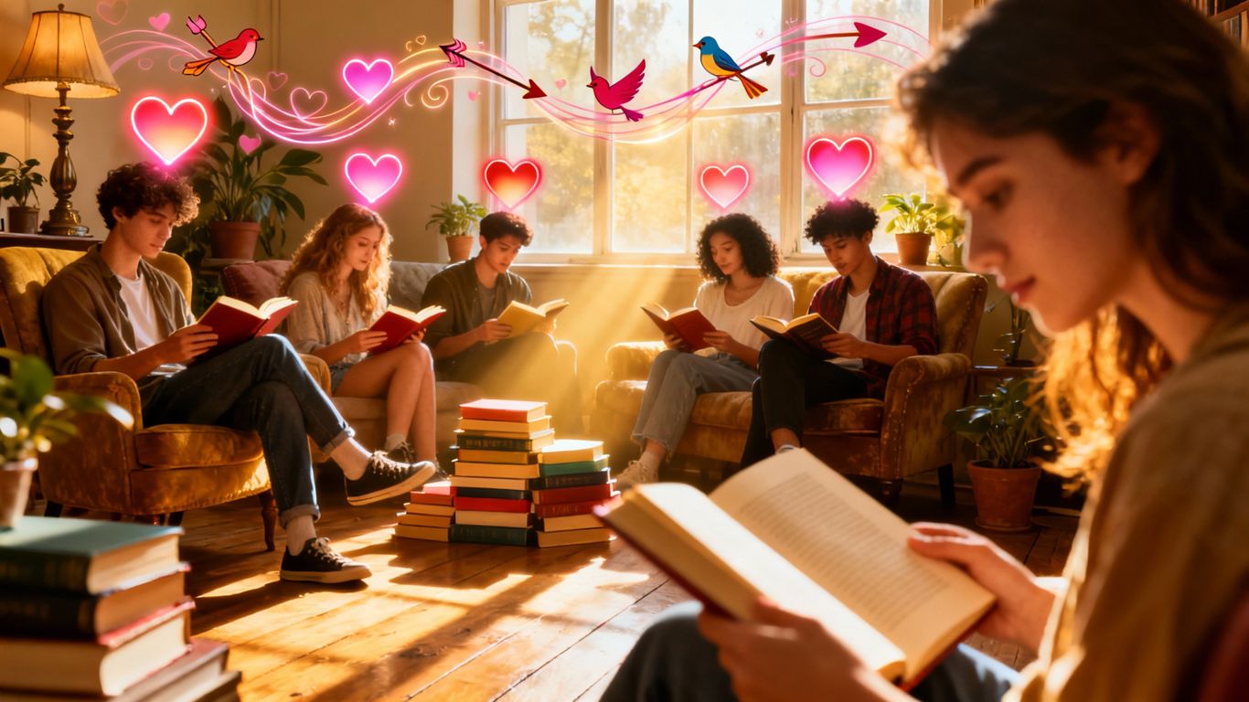 Young adults reading romance books, surrounded by hearts.