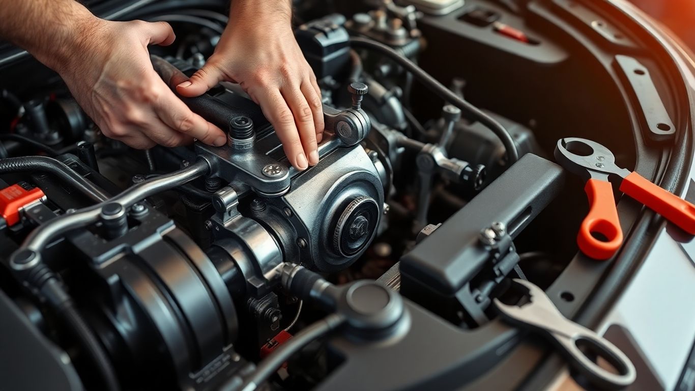 Mechanic repairing a car engine with tools.