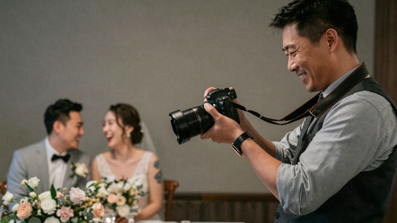 Hochzeitsfotograf macht Fotos von einem glücklichen Brautpaar.