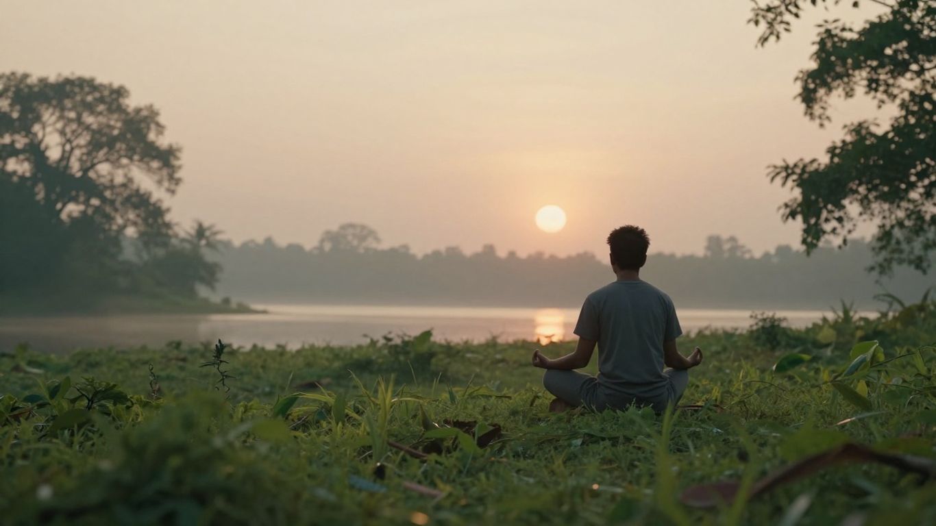 Pessoa meditando em paz sob o nascer do sol.