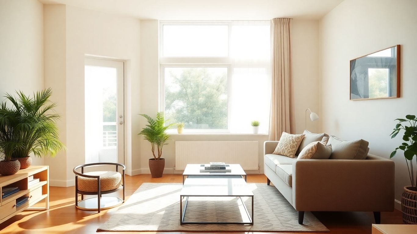 Sala de estar luminosa y acogedora con elementos de seguridad.