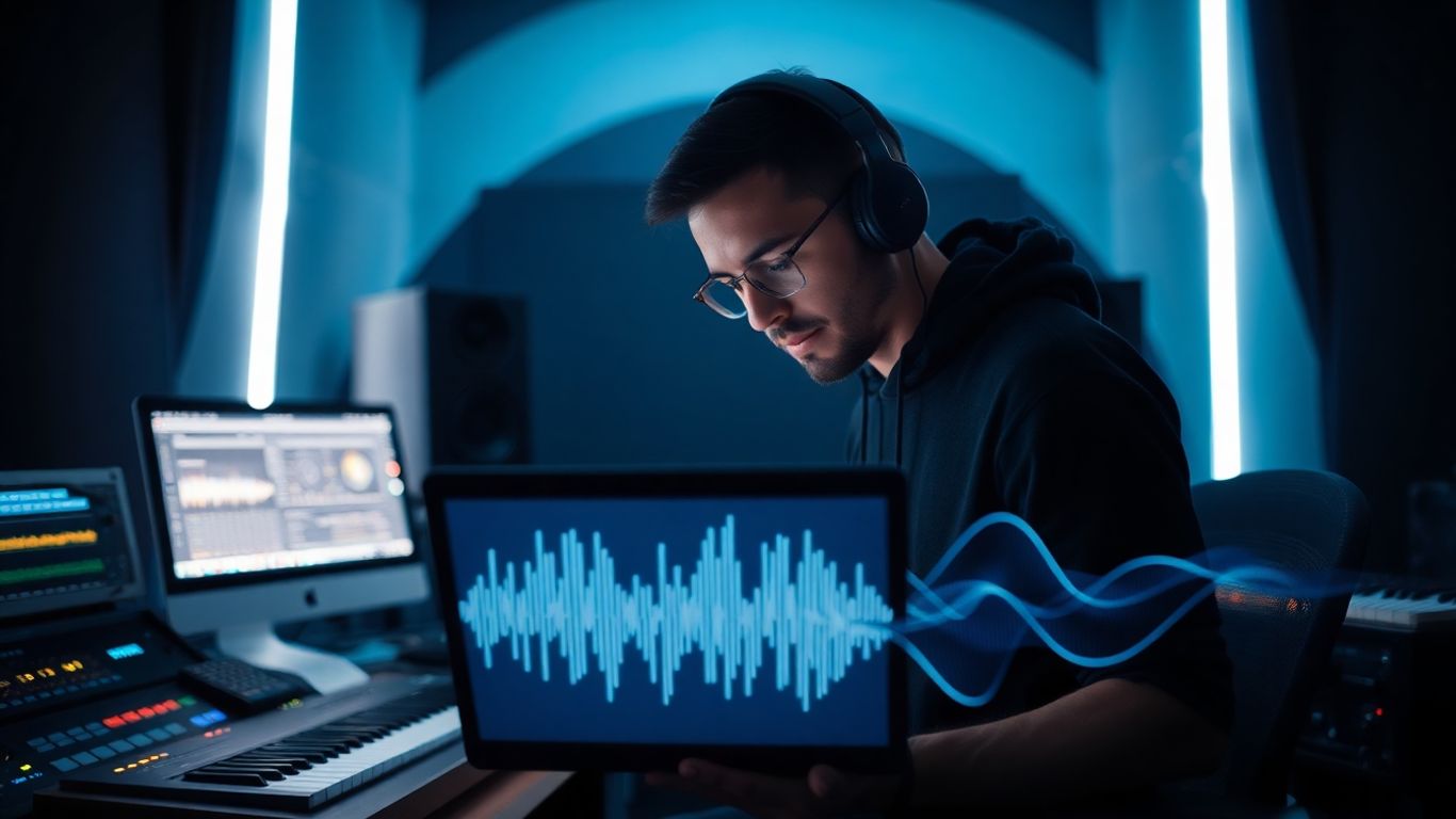 Producer using AI tools in a futuristic music studio.