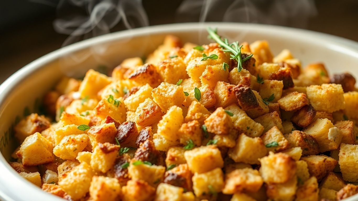 Golden sourdough stuffing in a baking dish.