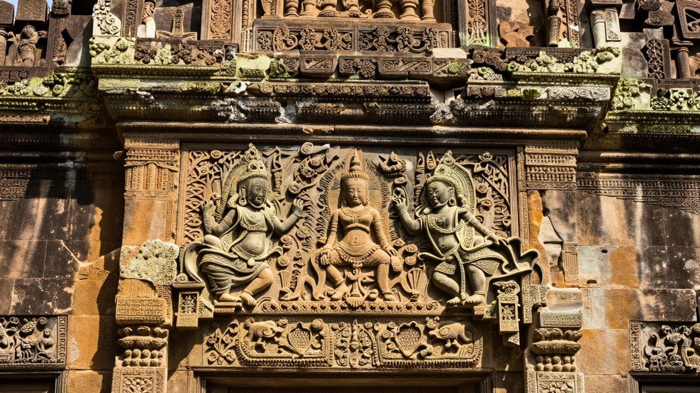 Detalii arhitecturale vechi, piatră sculptată, lumină naturală caldă.