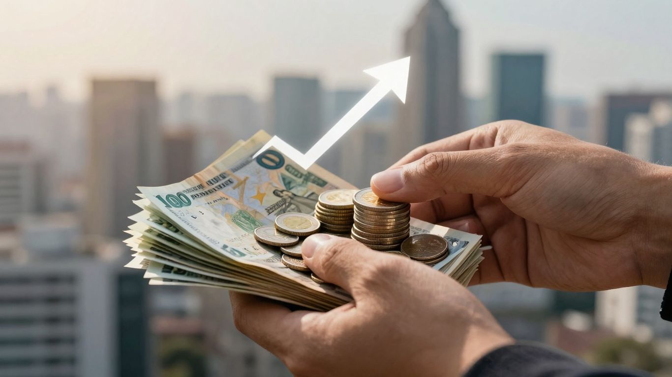 Financial growth and investment concept with coins and bills.