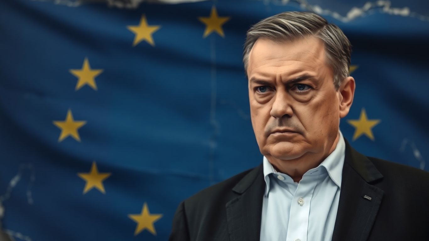Orban points to a damaged EU flag, symbolizing economic strain.