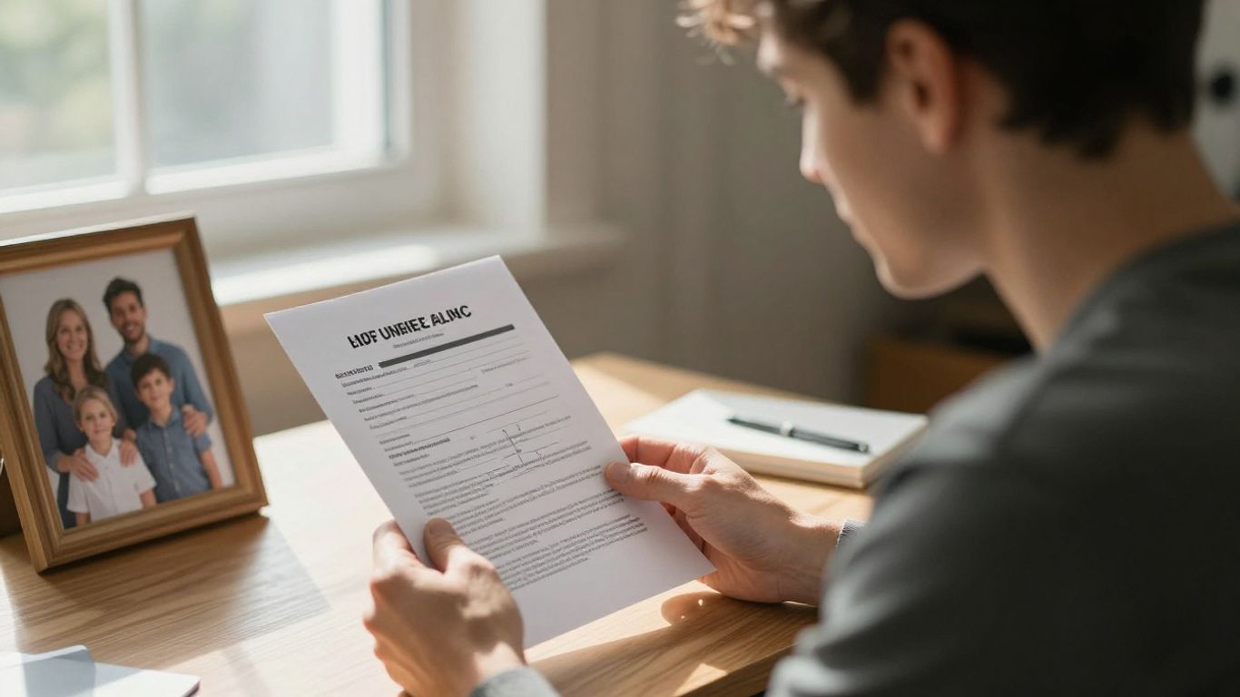 Person reviewing life insurance policy with family photo nearby.